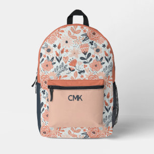 Blush Pink und Navy Blue Modern Floral Monogram Bedruckter Rucksack
