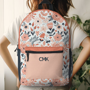 Blush Pink und Navy Blue Modern Floral Monogram Bedruckter Rucksack
