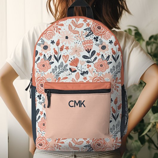 Blush Pink und Navy Blue Modern Floral Monogram Bedruckter Rucksack