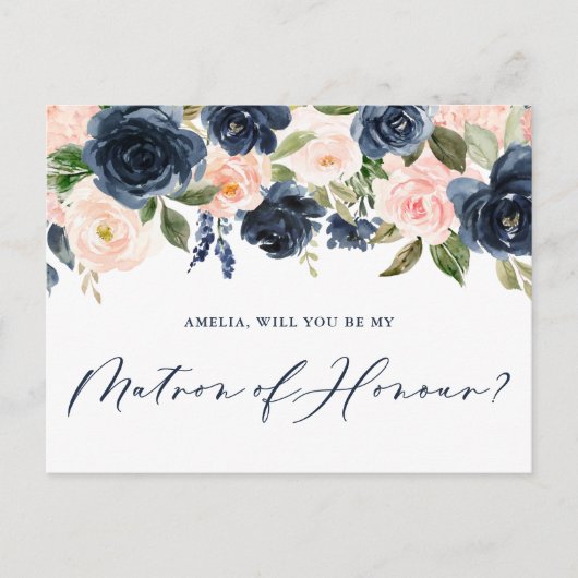 Blush Pink und Navy Floral Be My Matron of Honour Postkarte (Vorderseite)