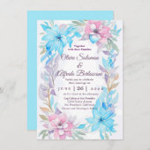 Blush Pink und Ocean Blue Aquarell Blumen laden ei Einladung (Vorne/Hinten)