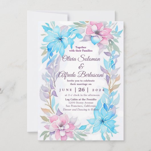 Blush Pink und Ocean Blue Aquarell Blumen laden ei Einladung (Vorderseite)