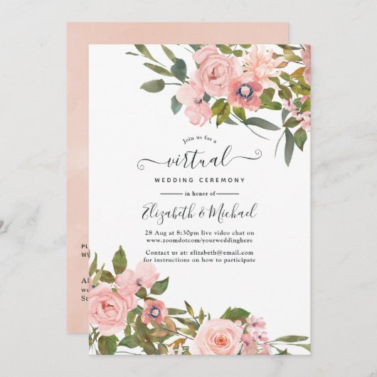 Blush Pink und Rose Gold Bloral Virtual Wedding Einladung (Vorne/Hinten)