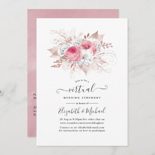 Blush Pink und Rose Gold Bloral Virtual Wedding Einladung (Vorne/Hinten)