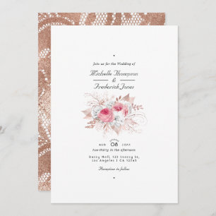 Blush Pink und Rose Gold Floral and Lace Wedding Einladung