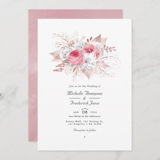 Blush Pink und Rose Gold Floral QR Code Hochzeit Einladung (Vorne/Hinten)