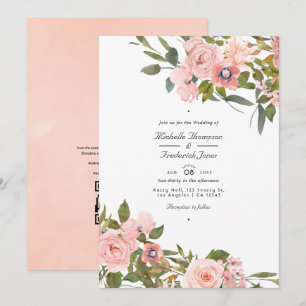 Blush Pink und Rose Gold Floral QR Code Hochzeit Einladung