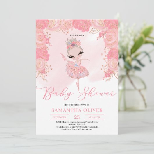 Blush pink und Rose gold florale Tutu Kinderdusche Einladung (Stehend Vorderseite)