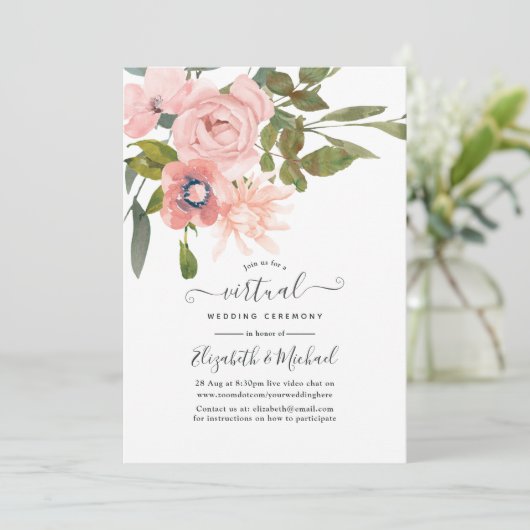 Blush Pink und Rose Gold Online Virtual Wedding Einladung (Stehend Vorderseite)