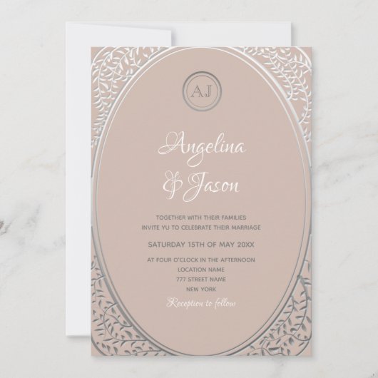 Blush Pink und Silver Monogram Wedite Einladung (Vorderseite)