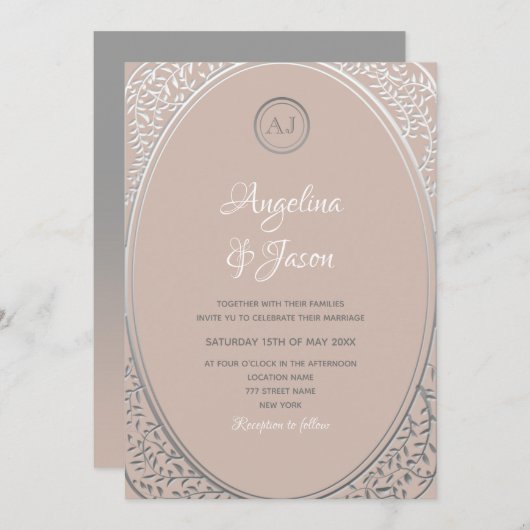 Blush Pink und Silver Monogram Wedite Einladung (Vorne/Hinten)