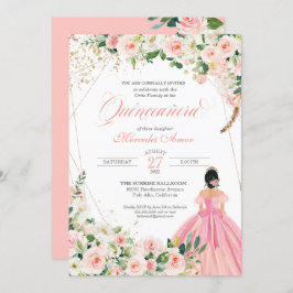 Blush Pink und Weiß Schöne, blumenreiche Quinceane Einladung
