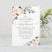 Blush Pink und White Magnolia Bloral Baby Dusche Einladung (Stehend Vorderseite)
