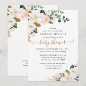Blush Pink und White Magnolia Bloral Baby Dusche Einladung (Vorne/Hinten)