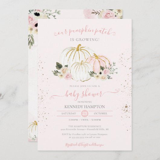 Blush Pink und White Pumpkin Herbst Babydusche in Einladung (Vorne/Hinten)
