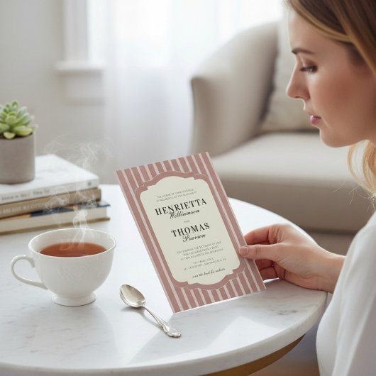 Blush Pink Vertical Stripe QR Wedding Invite Einladung