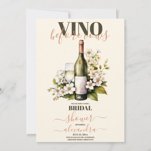 Blush Pink Vino vor Vows Brautparty Einladung (Vorderseite)