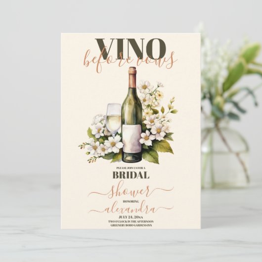 Blush Pink Vino vor Vows Brautparty Einladung (Stehend Vorderseite)