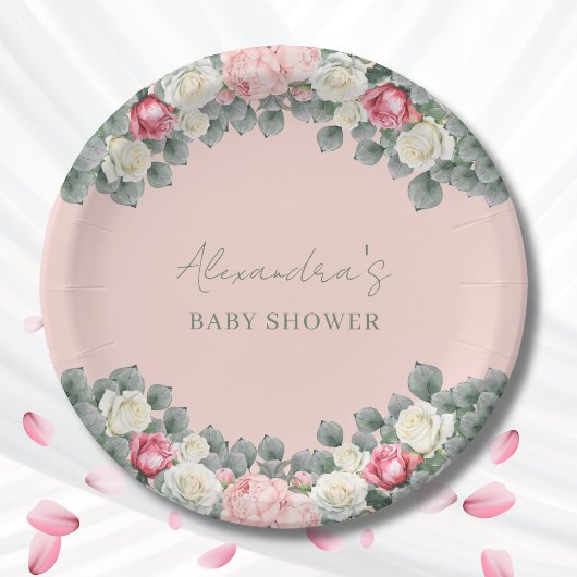 Blush Pink Vintag Garden Rose Kinderdusche Pappteller