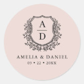 Blush Pink Wappen Moderne Monogram Wedding Runder Aufkleber (Vorderseite)