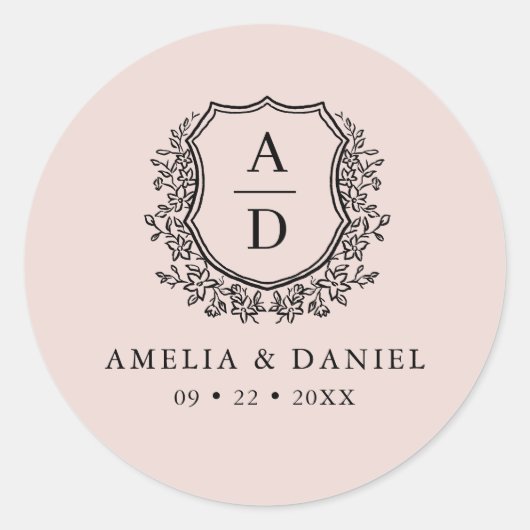 Blush Pink Wappen Moderne Monogram Wedding Runder Aufkleber (Vorderseite)