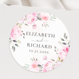 Blush Pink Wasserfarbe Blumengrün Hochzeit Runder Aufkleber