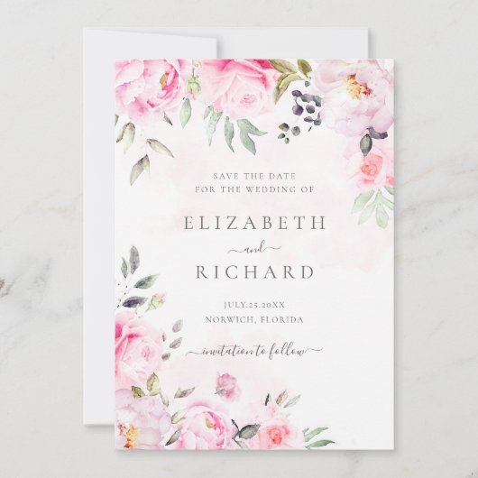 Blush Pink Wasserfarbe Blumengrün Hochzeit Save The Date (Vorderseite)