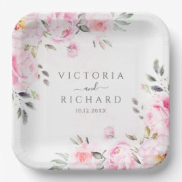 Blush Pink Wasserfarbe Blumenzellenhochzeit Pappteller