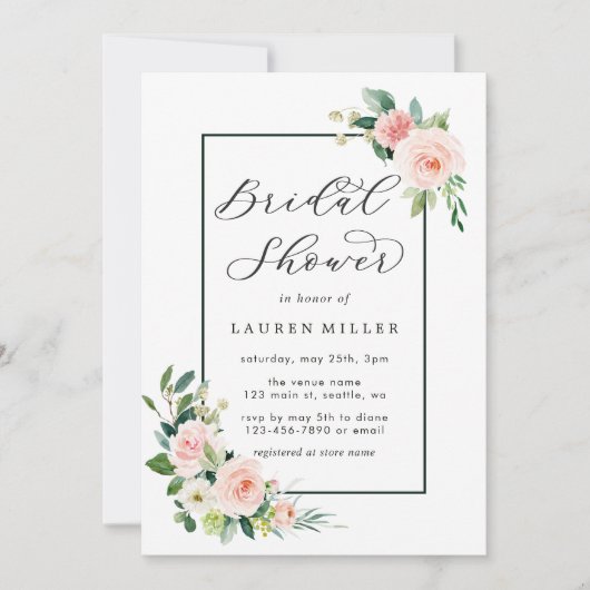 Blush Pink Wasserfarbe Blütendusche Einladung (Vorderseite)