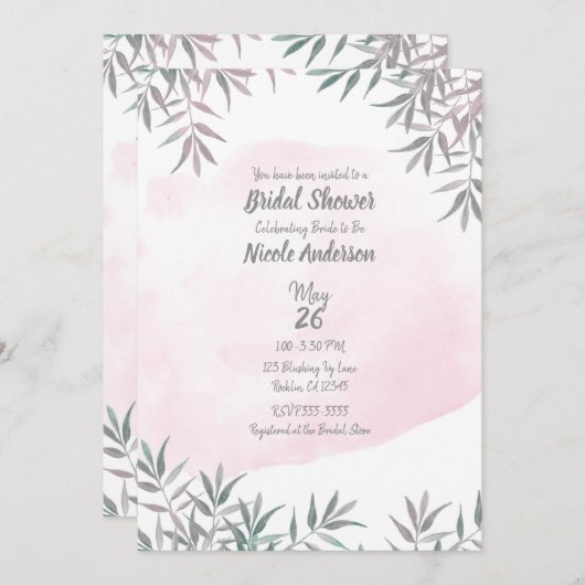 Blush Pink Wasserfarbe Botanisches Chic Brautparty Einladung (Vorne/Hinten)