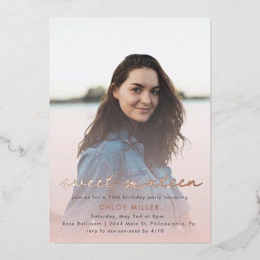 Blush Pink Wasserfarbe Girly Sweet 16 Rose Gold Folieneinladung (Vorderseite)