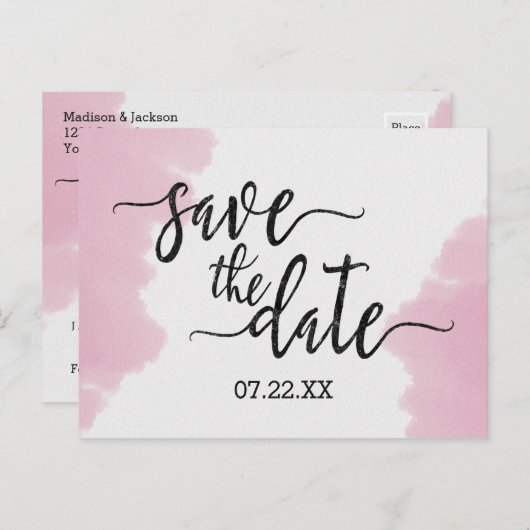Blush Pink Wasserfarbe Hochzeit Speichern Sie das Ankündigungspostkarte (Vorne/Hinten)