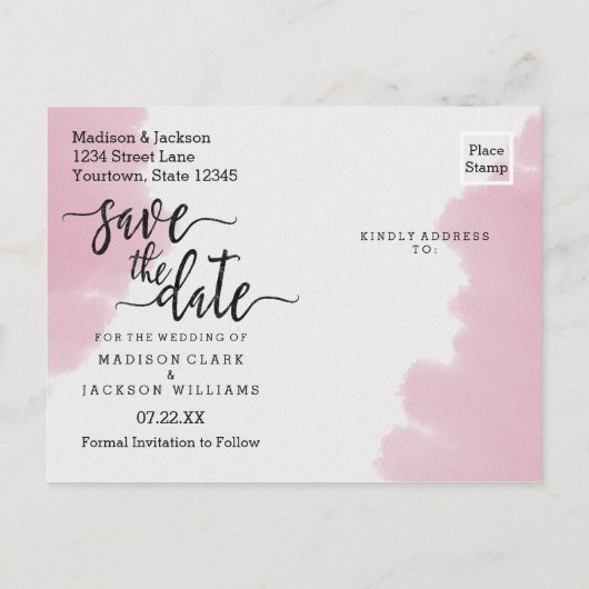 Blush Pink Wasserfarbe Hochzeit Speichern Sie das Ankündigungspostkarte (Rückseite)