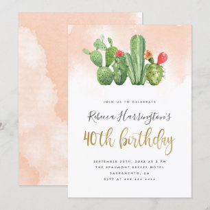 Blush Pink Wasserfarbe & Kaktus 40. Geburtstag Einladung