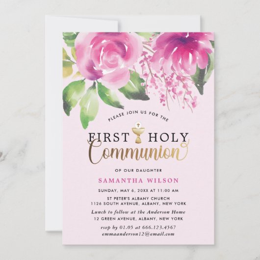 Blush Pink Wasserfarbe Mädchen Erste heilige Kommu Einladung (Vorderseite)
