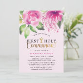 Blush Pink Wasserfarbe Mädchen Erste heilige Kommu Einladung (Stehend Vorderseite)