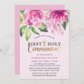 Blush Pink Wasserfarbe Mädchen Erste heilige Kommu Einladung (Vorne/Hinten)