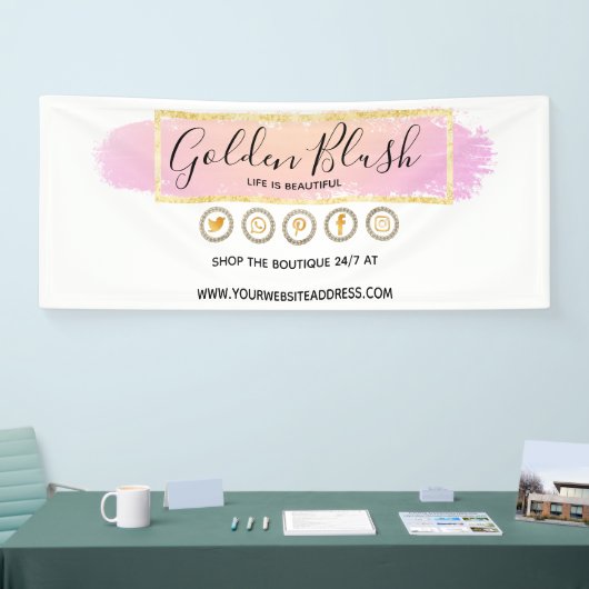 Blush Pink Wasserfarbe & Moderne Goldene geometris Banner (Messe)