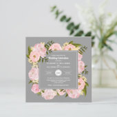 Blush Pink Wasserfarbe Peonies Grau Hochzeit Einladung (Stehend Vorderseite)