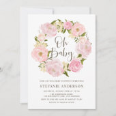 Blush Pink Wasserfarbe Peony Wreath Baby Dusche Einladung (Vorderseite)