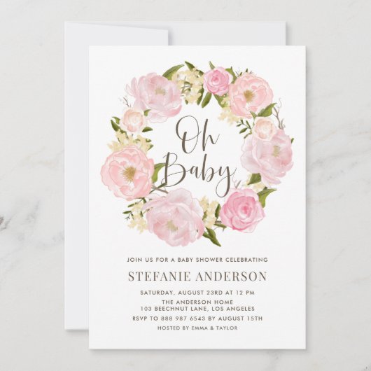 Blush Pink Wasserfarbe Peony Wreath Baby Dusche Einladung (Vorderseite)