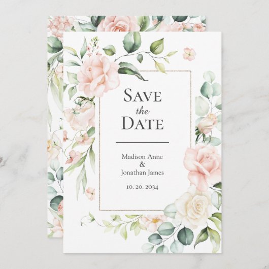 Blush Pink Wasserfarbe Romantische Blumenzehen Save The Date (Vorne/Hinten)