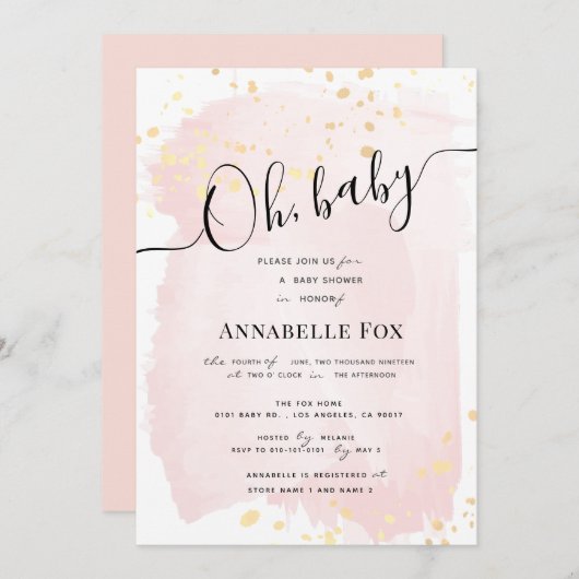 Blush Pink Wasserfarbe x Gold Spritzer Kinderdusch Einladung (Vorne/Hinten)