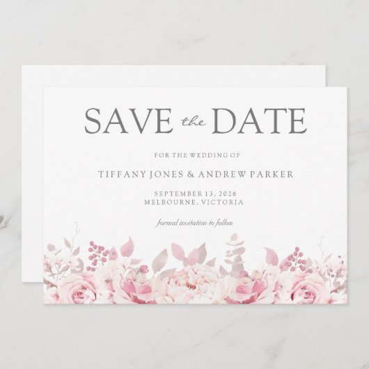 Blush Pink Wasserfarbenbläserne Hochzeit retten da Save The Date (Vorne/Hinten)