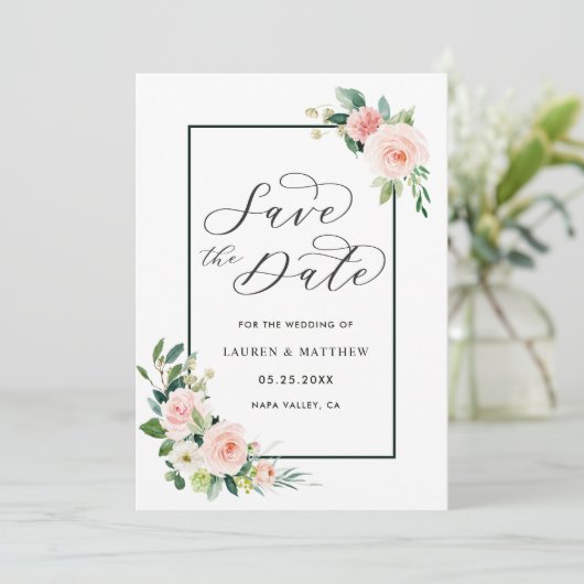 Blush Pink Wasserfarbenblut Hochzeit speichern Sie Save The Date (Stehend Vorderseite)