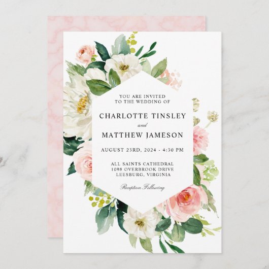 Blush Pink Watercolor Blumenzehen Einladung (Vorne/Hinten)