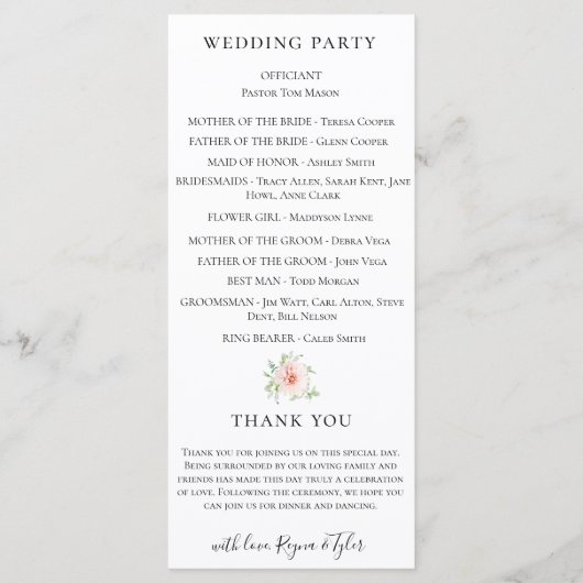 Blush Pink Watercolor Blumenzehen Programm (Rückseite)