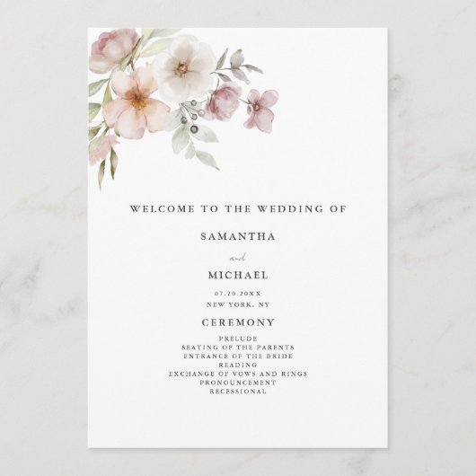 Blush Pink Watercolor Blumenzehen Programm (Vorderseite)