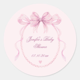 Blush Pink Watercolor Bow Baby Shower Favor Label Runder Aufkleber