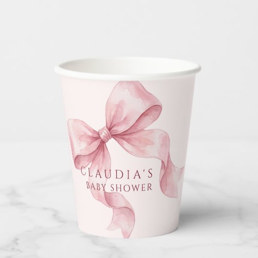 Blush Pink Watercolor Bow Baby Shower  Pappbecher (Vorderseite)